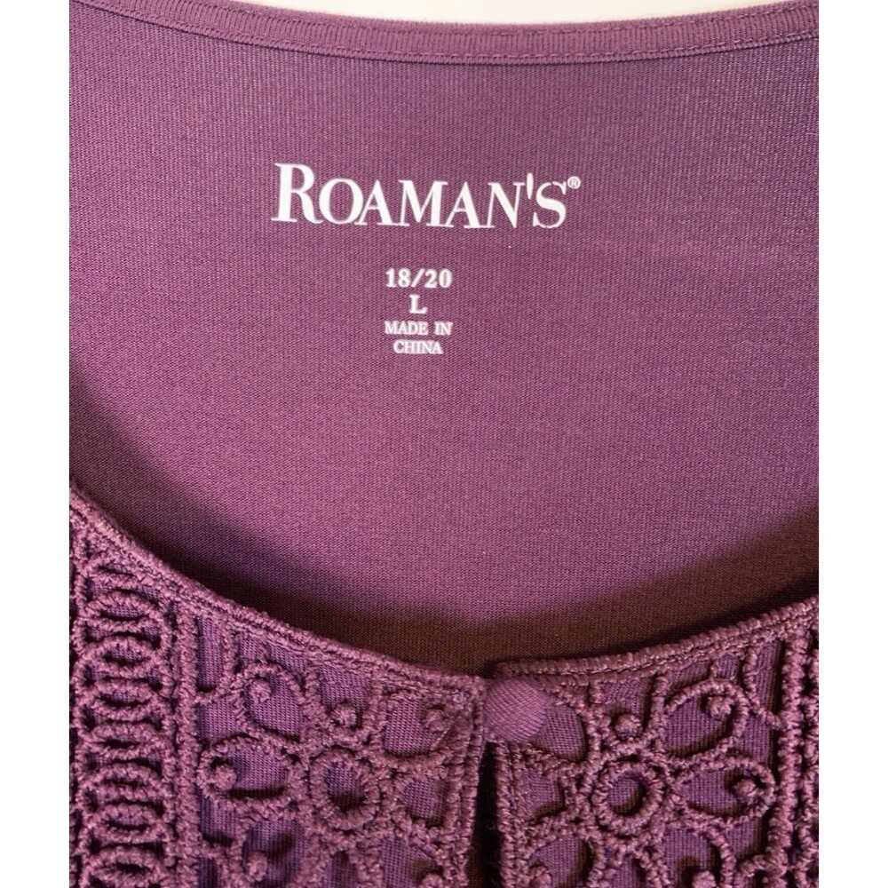 Roaman Purple Plum Lace Crochet Front Long Sleeve Keyhole Tunic Top Blouse 18/20 - Picture 5 of 10